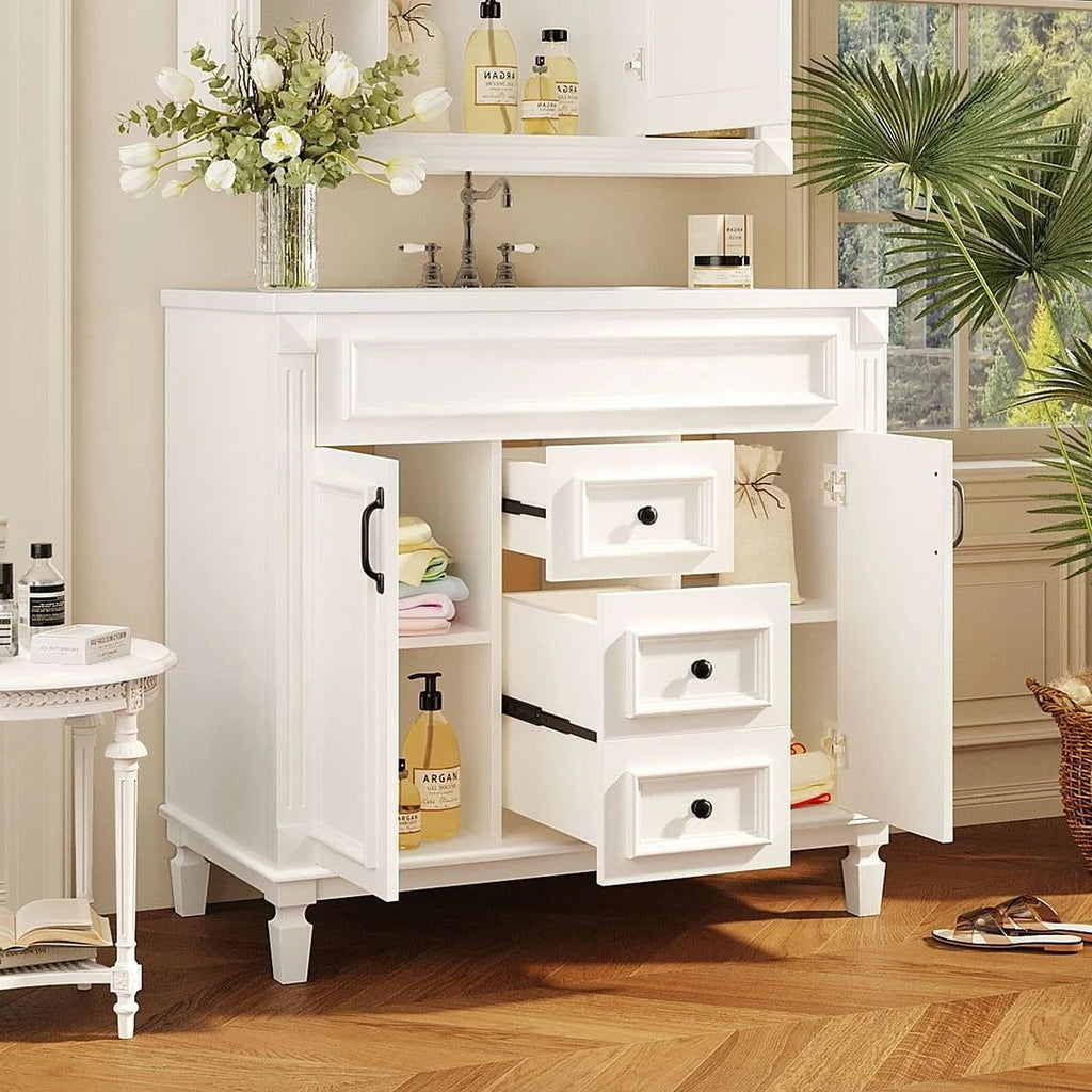 36" Moderner Badezimmer-Waschtisch mit Aufsatzwaschbecken und Spiegelschrank, 2 Türen und 2 Schubladen