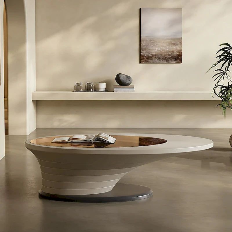 Leichter Luxus Moderner minimalistischer Couchtisch mit ovaler Glasplatte und grauem Gestell 51 Zoll – L 51,18 B 25,59 H 14,37