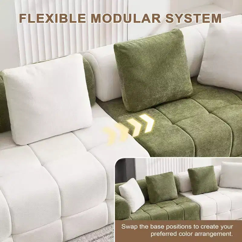 280 cm breites, modulares 4-Sitzer-Sofa aus Chenille im Colorblock-Design mit geschwungenen Armlehnen