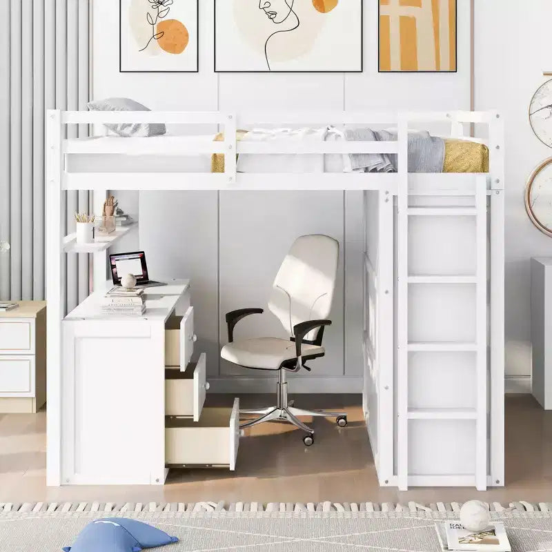 CLIHOME Hochbett in Full-Size mit 3 Schubladen, Schreibtisch und Kleiderschrank