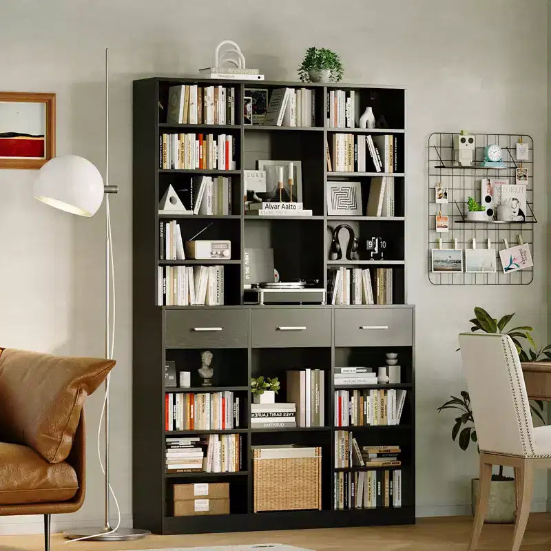 Schwarz/Weißes 9-stöckiges Bücherregal mit 3 Schubladen und verstellbaren Einlegeböden