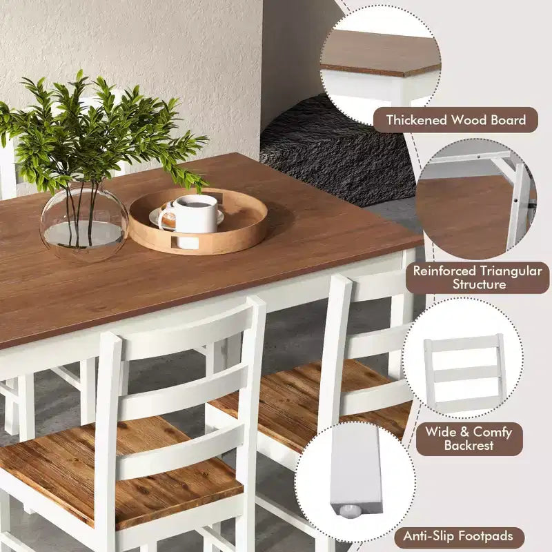 Costway 5-teiliges Esszimmer-Set Massivholz Küchenmöbel mit rechteckigem Tisch & 4 Stühlen Natur/Kaffee/Grau