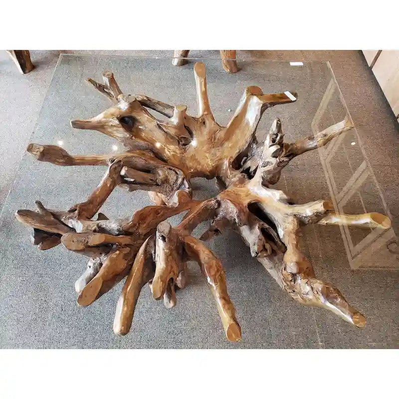 Couchtisch aus Teak-Wurzelholz, inklusive 55-Zoll-Quadrat-Glasplatte