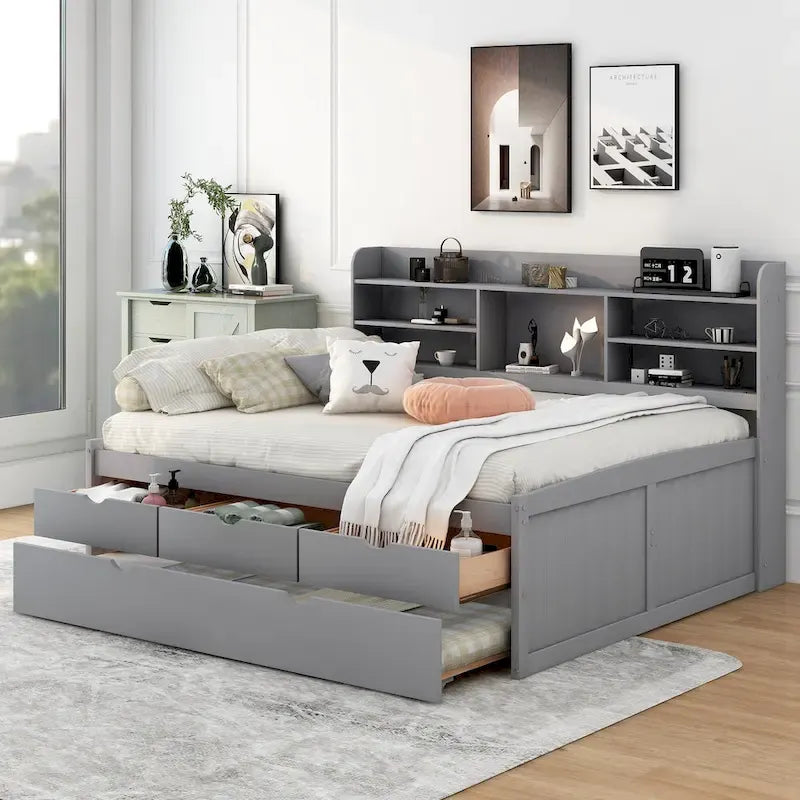 Full-Size-Kapitänsbett aus Holz mit integrierten Bücherregalen, drei Schubladen und Ausziehbett