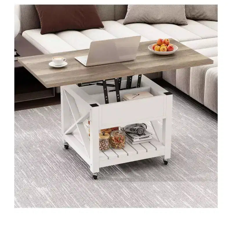 3-in-1 Quadratischer Couchtisch mit Hubtischplatte, Rollen und Hockern, multifunktionaler 2-Ebenen-Esstisch mit verdecktem und offenem Stauraum für Wohn- und Esszimmer