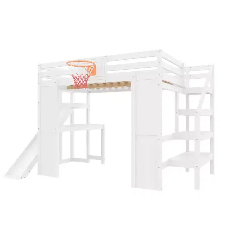 Luxystar Komplettes Hochbett aus Holz mit Schreibtisch, Rutsche, Basketballkorb und Aufbewahrungstreppe für Kinder und Jugendliche