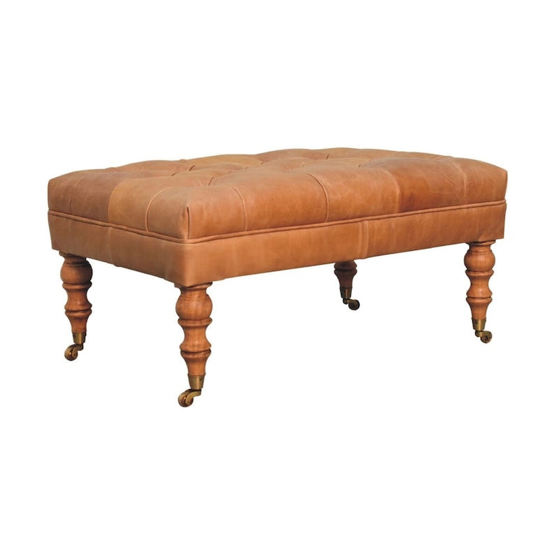 Artisan Furniture Ottomane aus massivem Holz und büffelfarbenem Leder mit Rollenbeinen