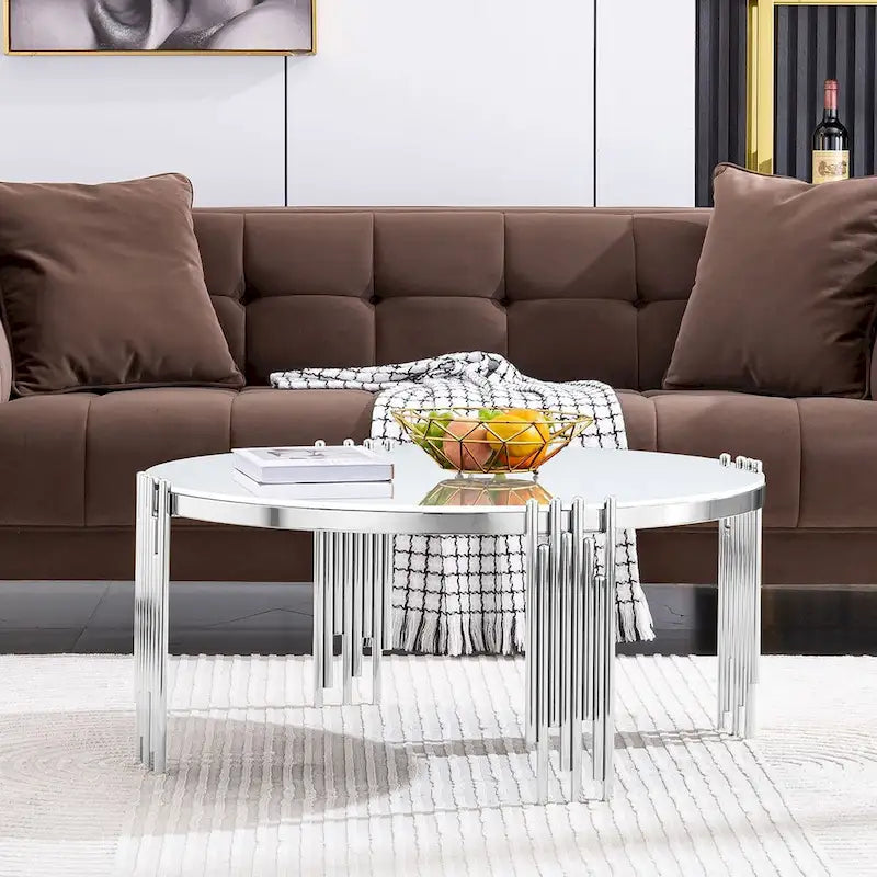 Runder Couchtisch aus gehärtetem Glas mit 3 Ebenen und um 360 Grad drehbarer Tischplatte