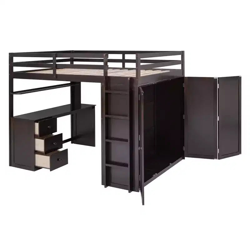 CLIHOME Hochbett in Full-Size mit 3 Schubladen, Schreibtisch und Kleiderschrank