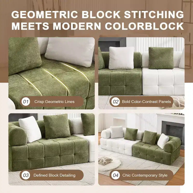 280 cm breites, modulares 4-Sitzer-Sofa aus Chenille im Colorblock-Design mit geschwungenen Armlehnen
