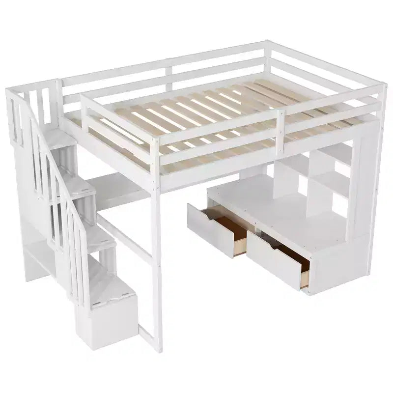 Full-Size-Hochbett mit Treppe und Schreibtisch, Hochbettgestell aus Holz mit Staufächern und Bücherregalen für Erwachsene, Teenager und Kinder
