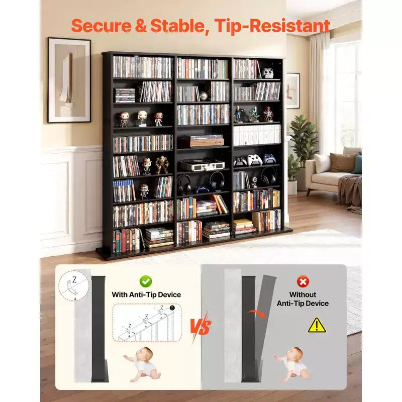 VEVOR Medienregal, 8-stöckiger DVD-Organizer, 55,91 x 8,66 x 51,18 Zoll Multimedia-Aufbewahrungsorganizer für CDs, DVDs, Bücher & Spiele, Schwarz