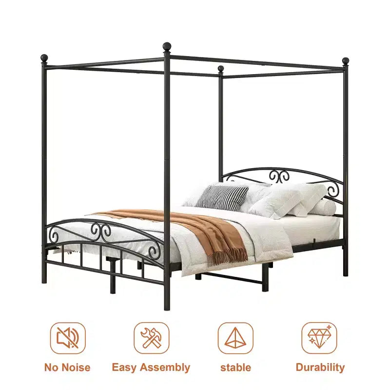 Queen-Size Himmelbett-Metallrahmen mit Vintage-Kopfteil und 31,5 cm Stauraum unter dem Bett