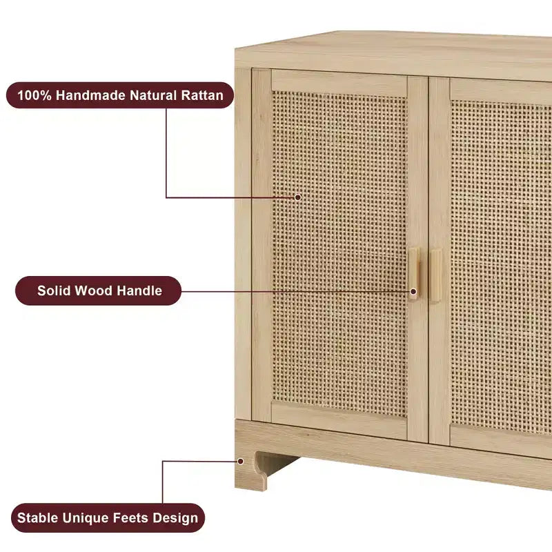 4-türiger Aufbewahrungsschrank aus Geflecht, Buffet-Sideboard mit Ablage, Kaffeebar-Konsole für Küche, Ess- & Wohnzimmer, 36H