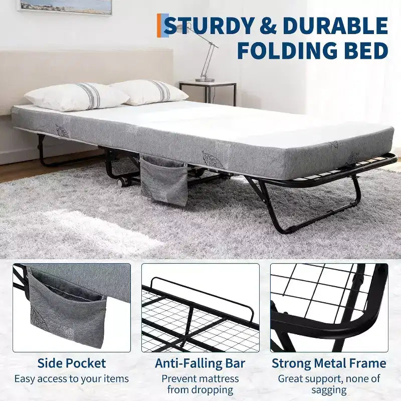 Klappbett mit Matratze für Erwachsene, tragbares Gästebett auf Rollen, faltbares Metallgestell-Bett mit 5-Zoll-Memory-Foam-Matratze und seitlicher Aufbewahrungstasche