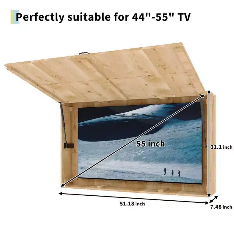 55-Zoll-Outdoor-TV-Gehäuse, wetterfeste TV-Abdeckung aus Massivholz mit 4D-verstellbarer Halterung & hochklappbarer Tür (passend für 44-55-Zoll-Fernseher)
