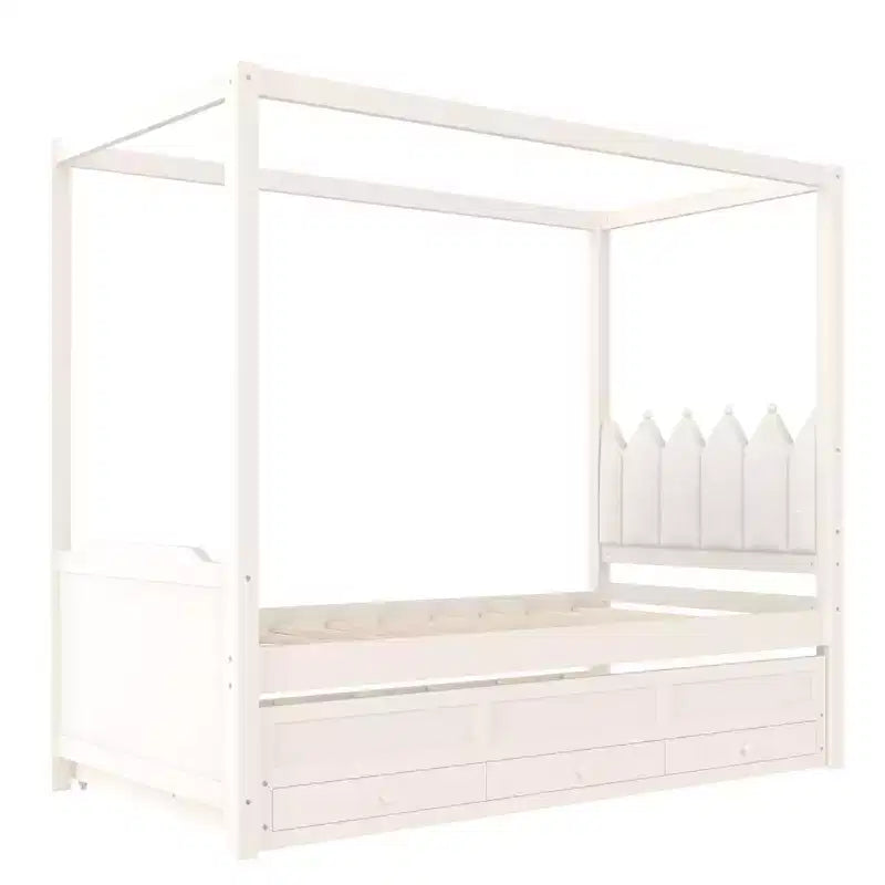 Doppel-/Einzelbett-Plattformbett mit Ausziehbett, Prinzessinnen-Himmelbett aus Holz mit 3 Schubladen, Stauraumbett mit gepolstertem Kopfteil für das Schlafzimmer