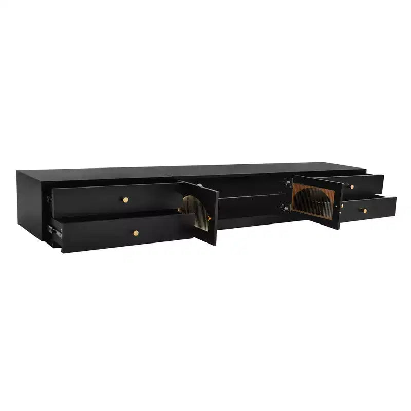 TV-Ständer für 95-Zoll-Fernseher, extra lange Medienkonsole mit 2 Türen und 4 Schubladen, großer TV-Schrank mit geriffelten Glastüren
