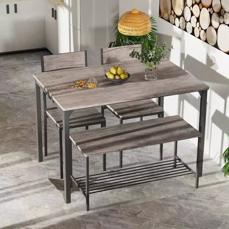 Costway 4-teiliges Esszimmertisch-Set, rustikaler Tisch, 2 Stühle & Bank mit Ablagefach