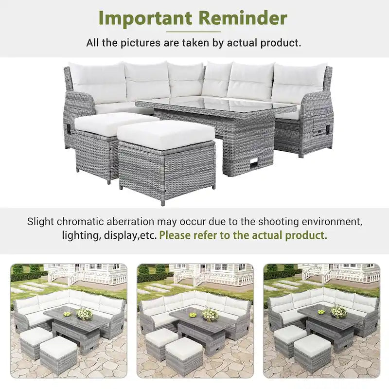 Outdoor-Rattan-Ecksofa-Set mit verstellbarem Tisch und Relaxsesseln
