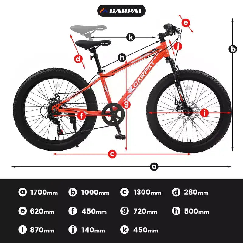 Okak 24-Zoll-Fatbike mit Vordergabel-Federung, 7-Gang-Mountainbike mit Scheibenbremsen und Rahmen aus kohlenstoffreichem Stahl, Trailbike für den täglichen Arbeitsweg