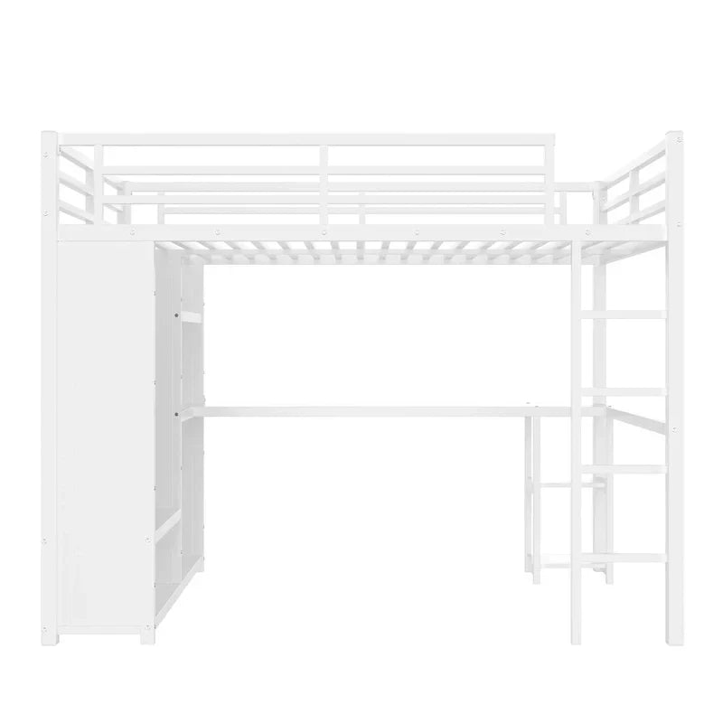 Queensize-Hochbett – Einbauschrank und Schreibtisch, Metallgestell mit Regalen