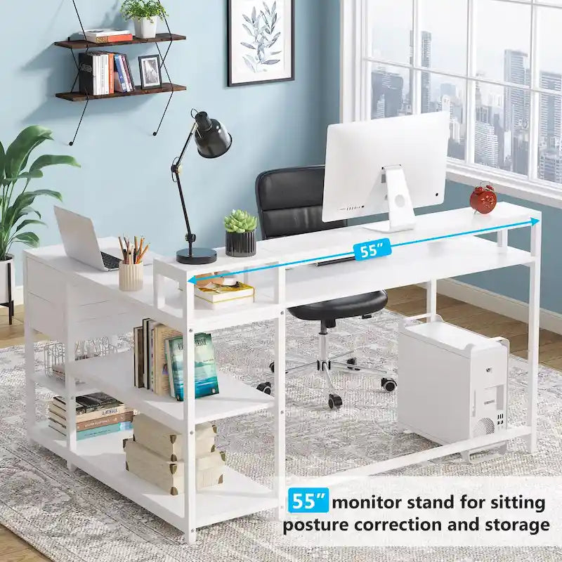 L-förmiger Schreibtisch mit Schublade, Eckschreibtisch für das Home-Office mit Ablagefächern und Monitorständer, rustikaler PC-Tisch für kleine Räume