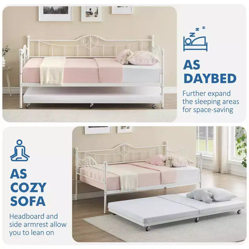 Tagesbett mit Ausziehbett, Metall-Tagesbett mit Gästebett, Tagesbett mit Ausziehbarem Bettrahmen, Sofa mit Stahl-Lattenrost für Kinder, Jugendliche und Erwachsene