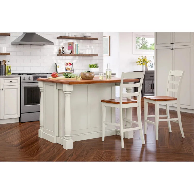 Homestyles Monarch 3-teiliges Kücheninsel-Set aus cremeweißem Holz mit ausklappbarer Holzplatte – 48 x 25 x 36
