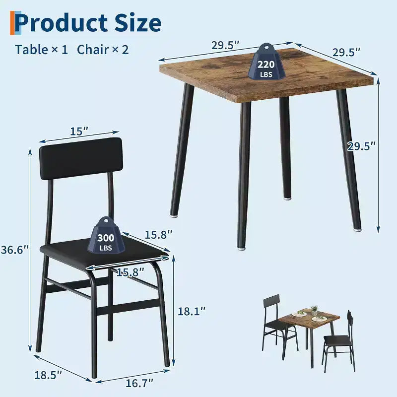 Kleines Esszimmertisch-Set für 2 Personen, 3-teiliges Küchentisch-Set mit 2 gepolsterten Stühlen, Frühstückstisch für kleine Räume, Esszimmer, Wohnung, Restaurant
