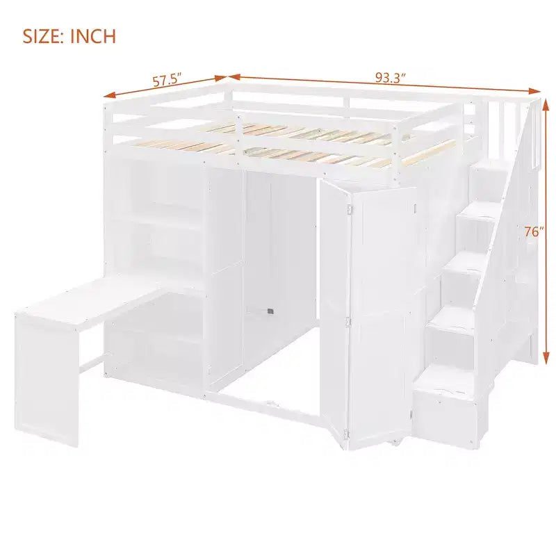 Whisen Hochbett in voller Größe mit Kleiderständern, klappbaren Regalen und Schreibtischen für ein organisiertes Zuhause
