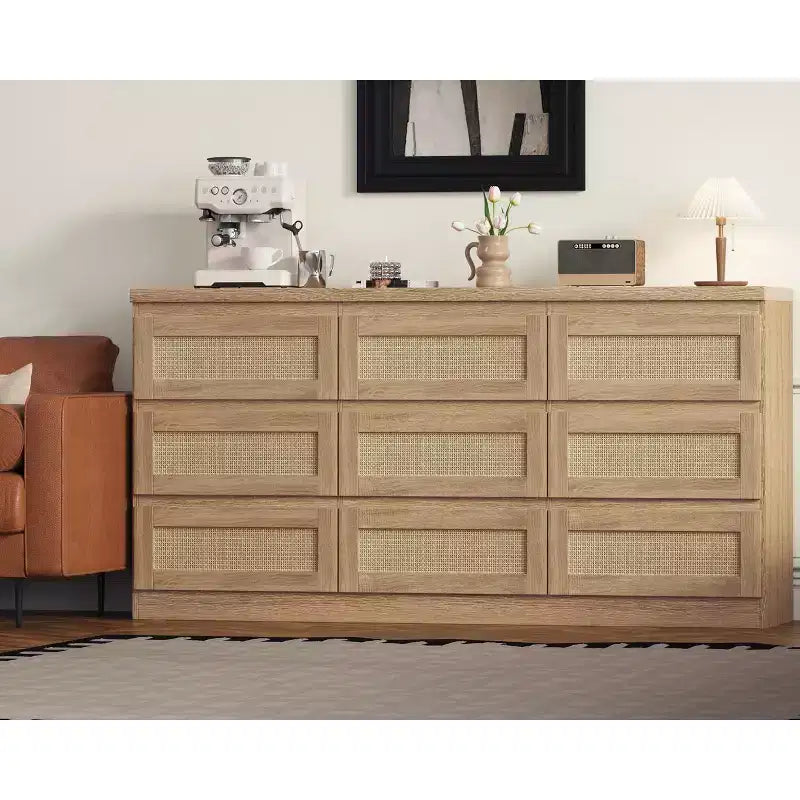 Kommode fürs Schlafzimmer, Rattan-Kommode mit 9 Schubladen für den Kleiderschrank, Doppelholz-Kommoden & Schubladenschränke