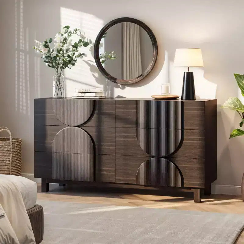 Moderne geometrische Kommode mit 6 Schubladen, breiter Aufbewahrungsschrank mit Halbkreis-Akzent für Schlaf- und Wohnzimmer