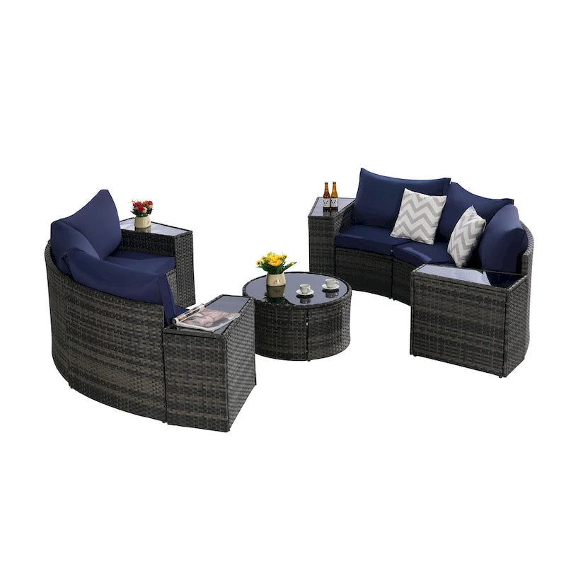 11-teiliges modulares Outdoor-Sofa-Set mit halbrunden Elementen, Couchtisch aus gehärtetem Glas und 4 Beistelltischen