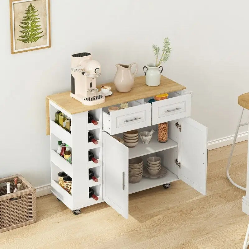 Grondin Multifunktionale Kücheninsel-Servierwagen mit klappbarer Arbeitsplatte aus Massivholz, 2 Türen, 2 Schubladen, Weinregal und Gewürzregal