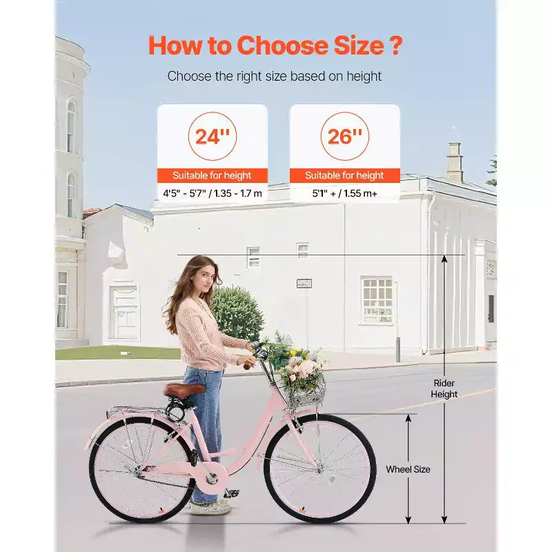 VEVOR Beachcruiser, 1-Gang, 26-Zoll Damen-Fahrrad in Pink mit großem Korb und Gepäckträger, sicheres und stabiles Citybike, Pink