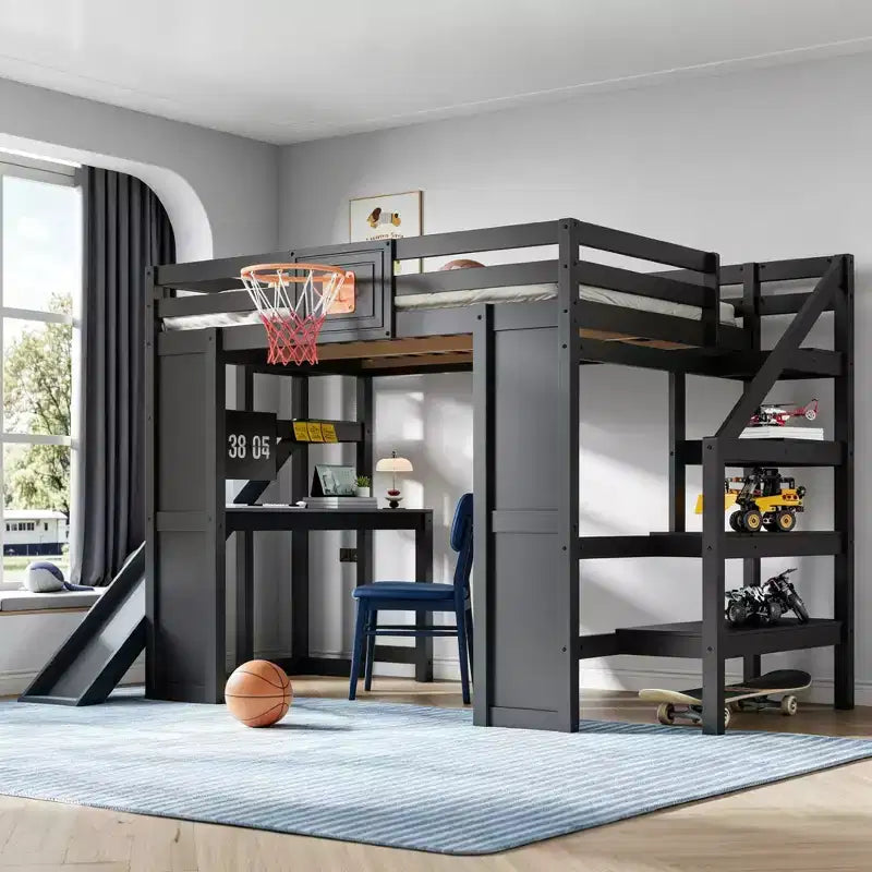 Luxystar Komplettes Hochbett aus Holz mit Schreibtisch, Rutsche, Basketballkorb und Aufbewahrungstreppe für Kinder und Jugendliche
