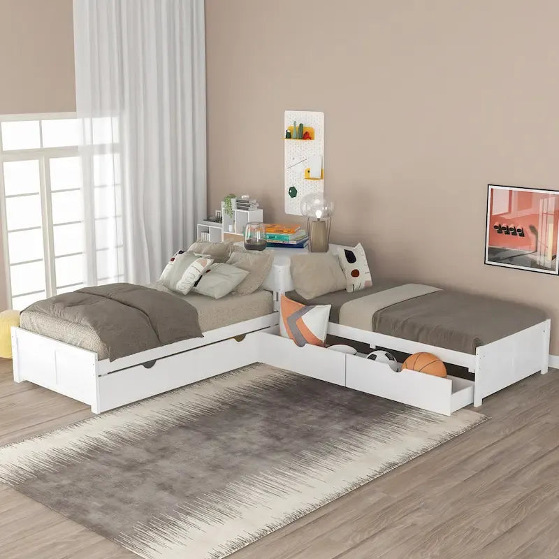 Weißes modernes L-förmiges Plattformbett in Einzelbettgröße mit Ausziehbett und Schubladen fürs Schlafzimmer