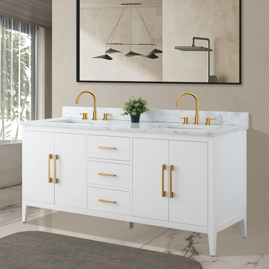 Vanity Art 72 Zoll Badezimmer-Waschtischunterschrank mit Doppelwaschbecken und Kunstmarmorplatte