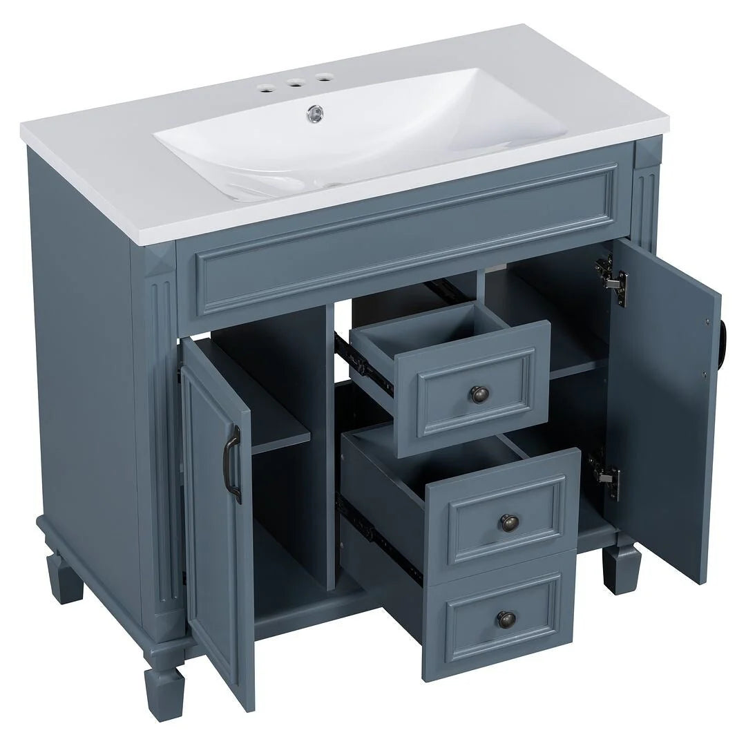36" Moderner Badezimmer-Waschtisch mit Aufsatzwaschbecken und Spiegelschrank, 2 Türen und 2 Schubladen