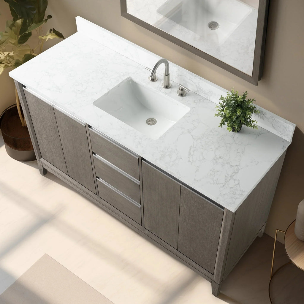 Vanity Art Badezimmerschrank mit Keramikwaschbecken und Platte aus technischem Marmor