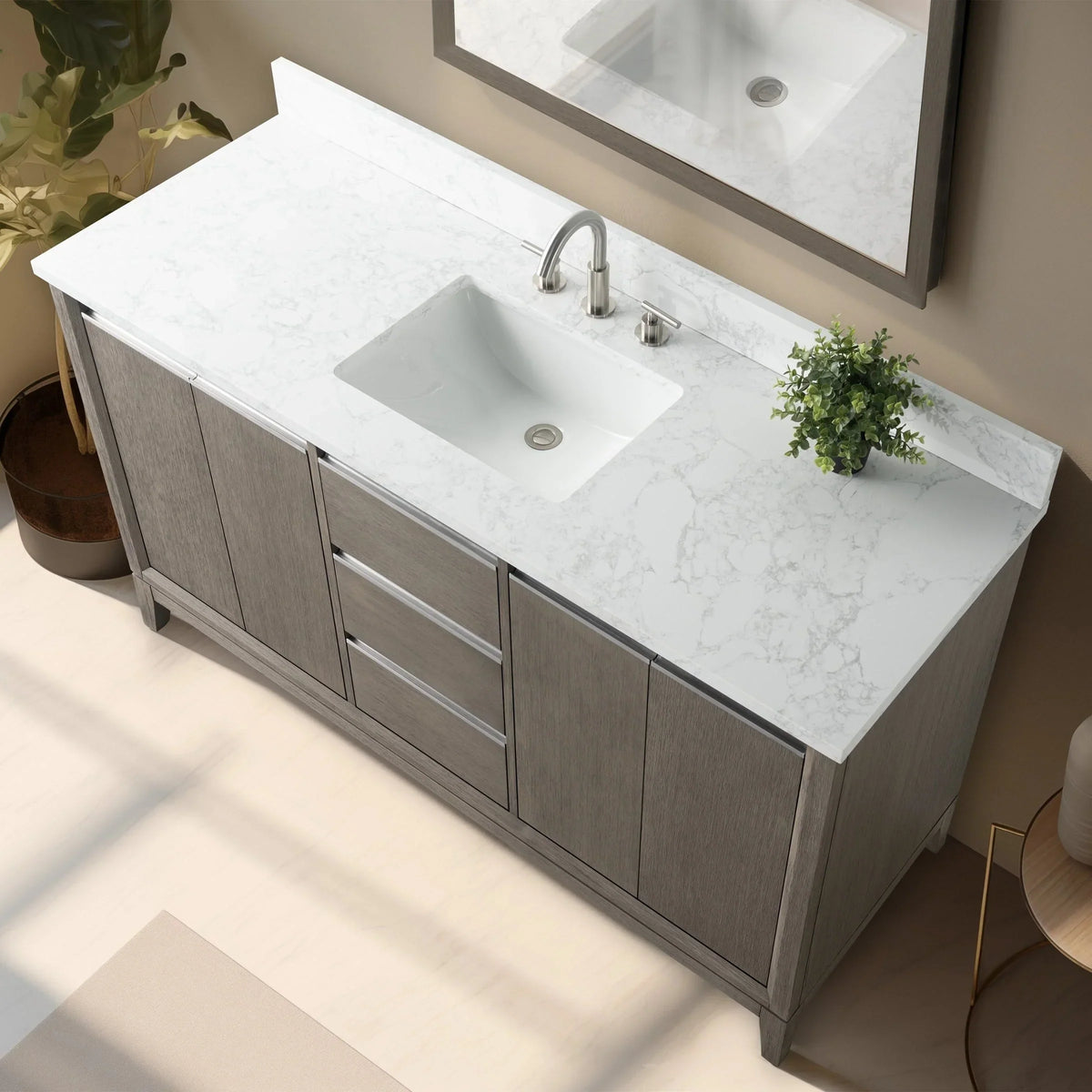 Vanity Art Badezimmerschrank mit Keramikwaschbecken und Platte aus technischem Marmor