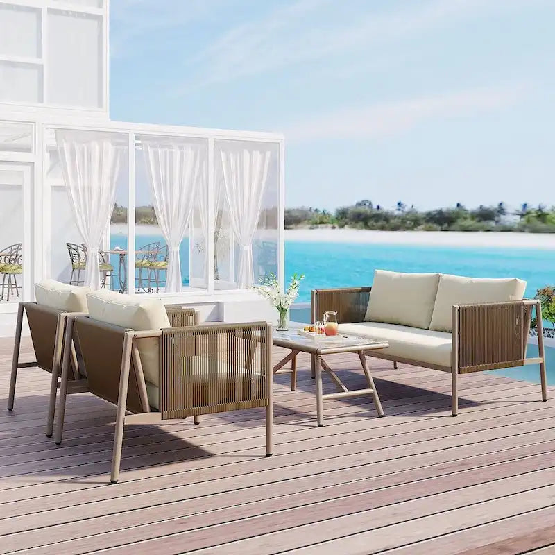 4-teilige Outdoor-Lounge-Garnitur aus Seil für 4 Personen mit Auflagen und Glastisch