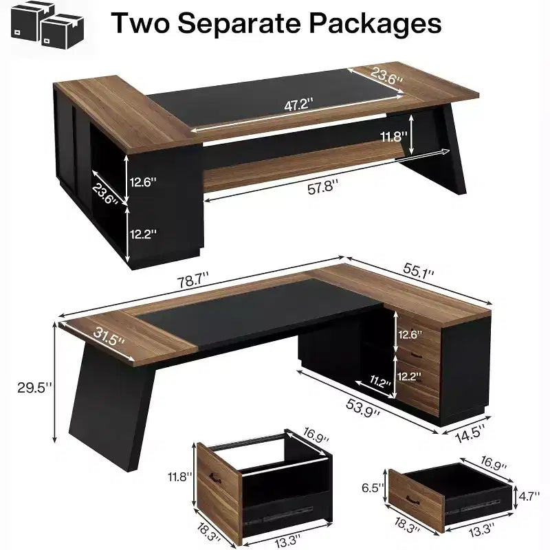 Lantine Modern 78 L-förmiger Chefschreibtisch mit Schubladen und seitlichem Aktenschrank