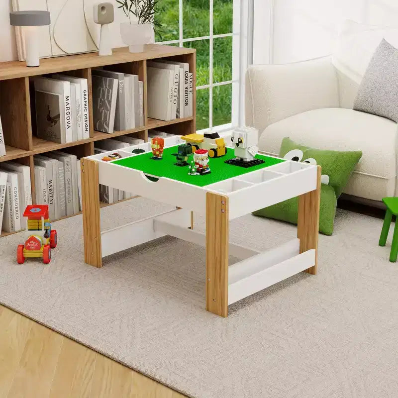 Whisen Kids 2-in-1 Spieltisch mit 7 Aufbewahrungsfächern, kompatibel mit LEGO-Bausteinen - Weiß & Grün