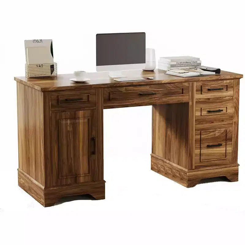 Landhaus-Schreibtisch für das Homeoffice mit Stauraum, Schreibtisch aus Holz mit 5 Schubladen & Schrank, rustikaler Computertisch für Wohnzimmer, Schlafzimmer und Arbeitszimmer