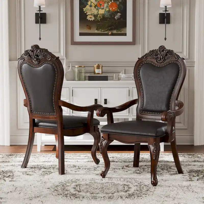 Furniture of America Eugene Traditionelle Esszimmer-Armstühle aus Massivholz mit Ziernagelbesatz und Cabriole-Beinen (2er-Set)