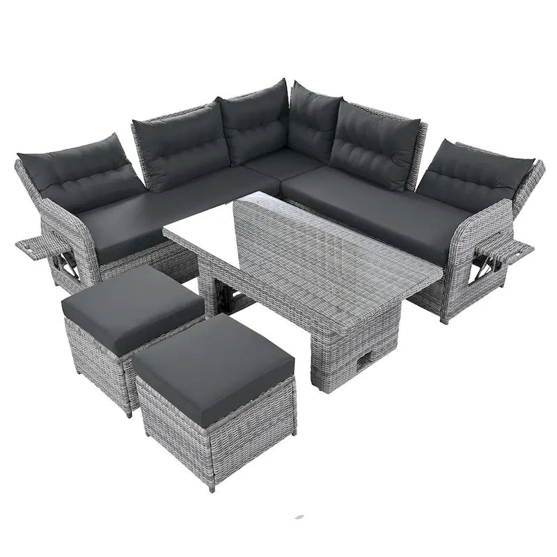 Outdoor-Rattan-Ecksofa-Set mit verstellbarem Tisch und Relaxsesseln