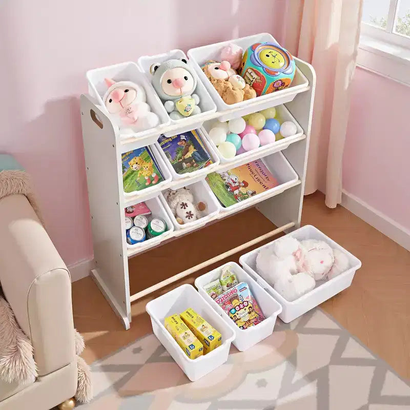 VECELO Kinder-Bücherregal mit Spielzeugaufbewahrung und 12 Körben, Spielzeugregal aus Holz für Kleinkinder, geräumige Spielzimmeraufbewahrung für Bücher oder Spielzeug