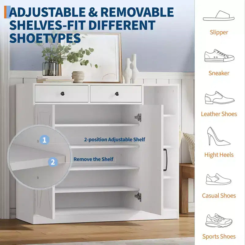 Schuhschrank, Schuhaufbewahrungsschrank im Landhausstil mit 2 Stalltüren, Schubladen, verstellbaren Einlegeböden & Haken für Eingangsbereich und Flur